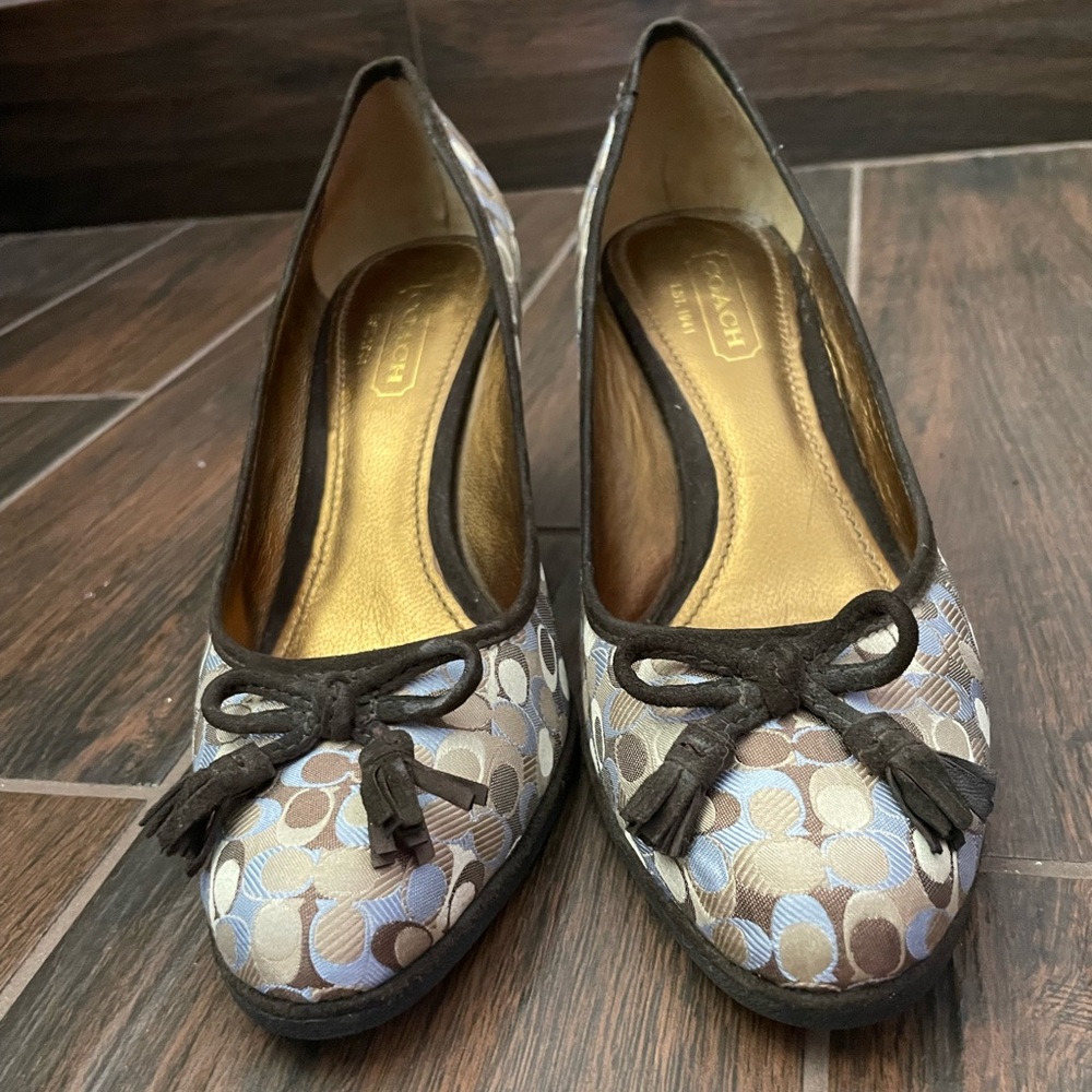 Coach Signature Jacquard Wedge Pumps in Blue, Brown, Cream - Picture 4 of 7